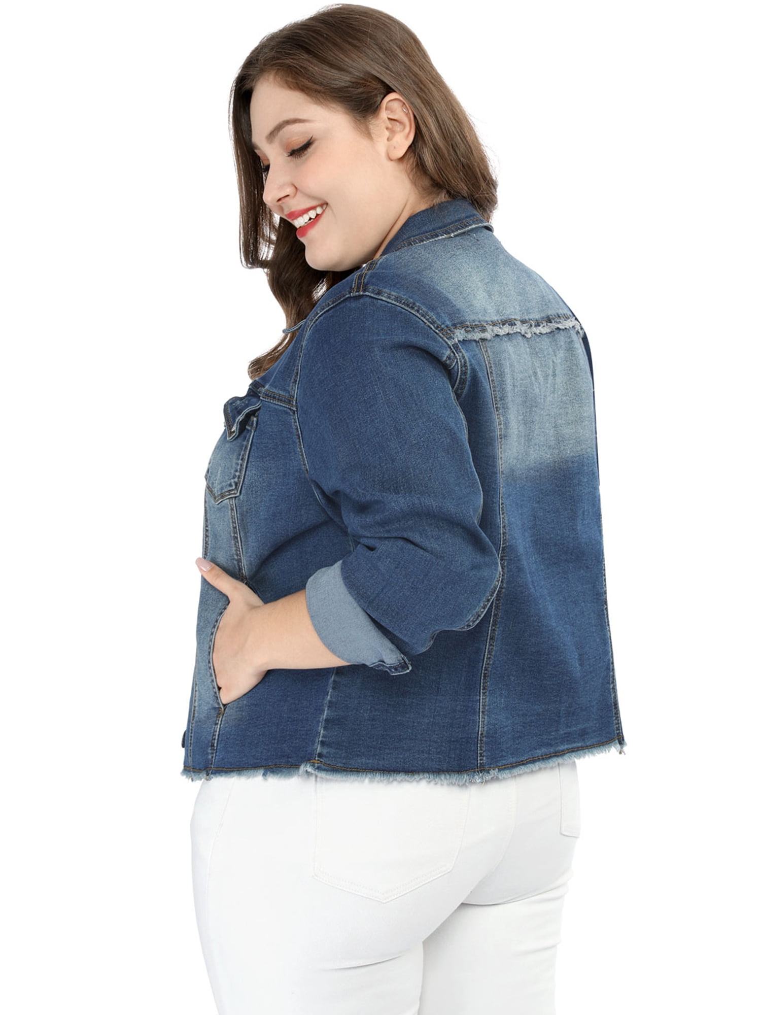 DARING DIVA Women's Plus Size Washed Front Frayed Classic Denim Jacket 6X Blue