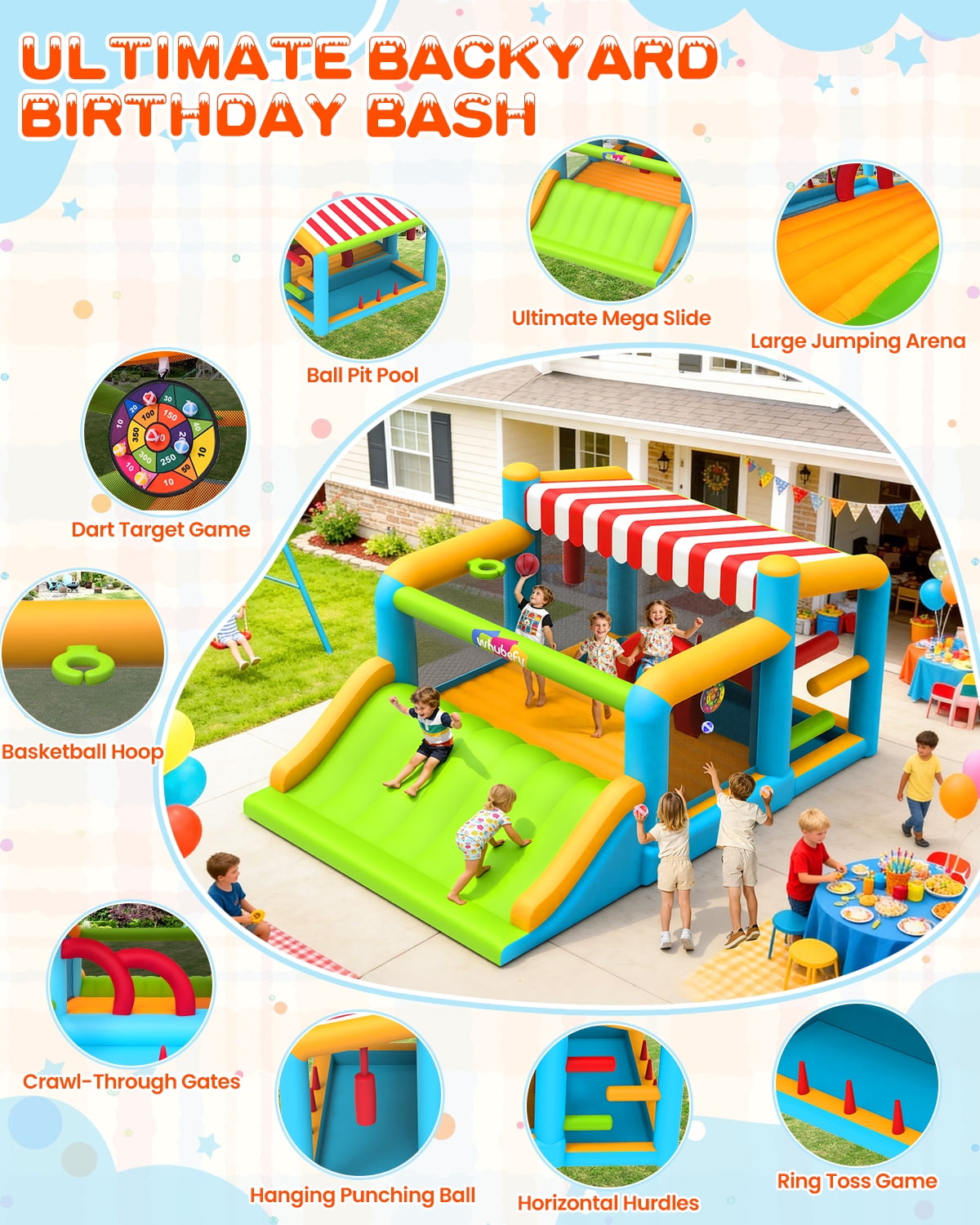 Veeboto Inflatable Bounce House 9-in-1 Multi-Functional, Water Slide with Ball Pool, Darts, Ring Toss, Punching Bag, and Obstacle Course, Indoor/Outdoor Kids Bouncy Castle Includes Blower