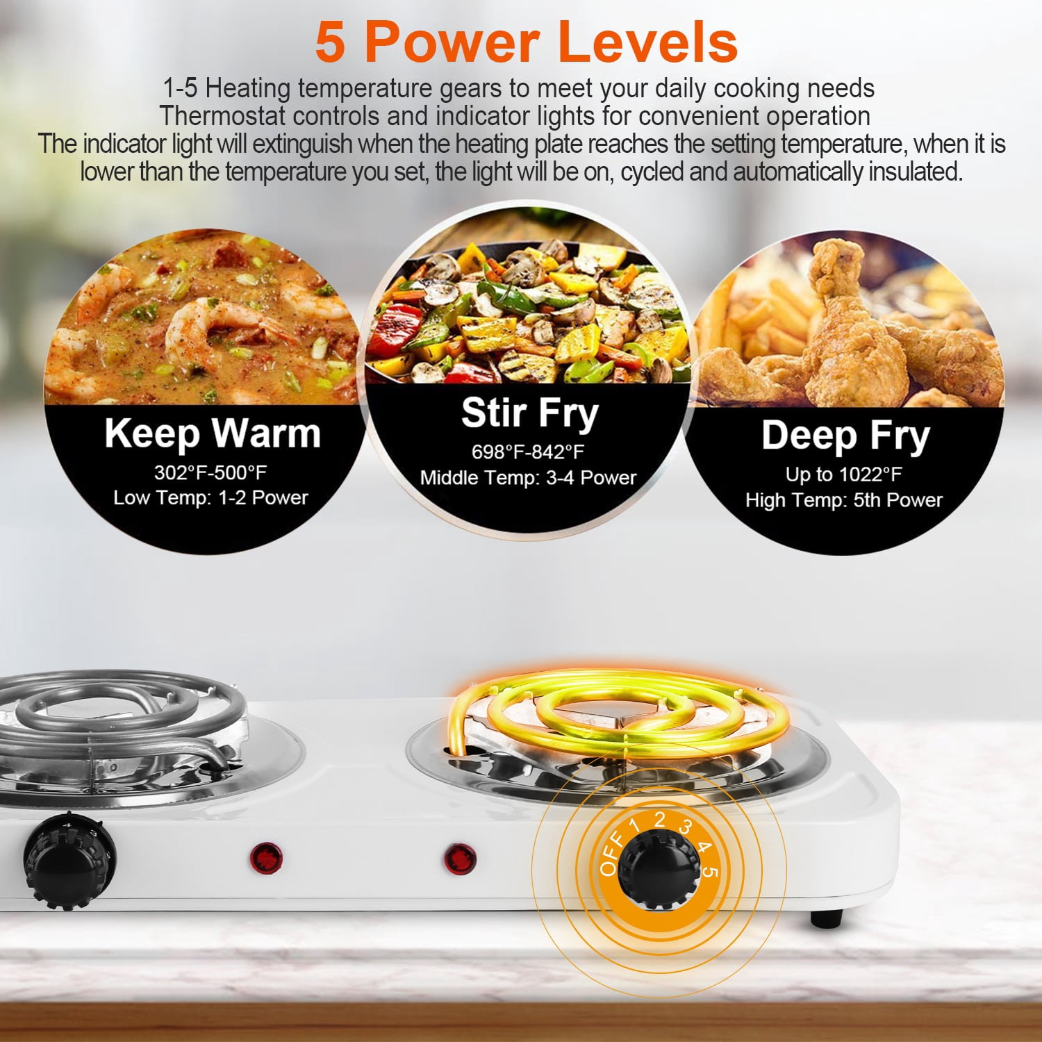 FENGFAN 2000W Double Electric Hot Plate, 5 Temp Control Portable Stainless Steel Stove for Dorm RV
