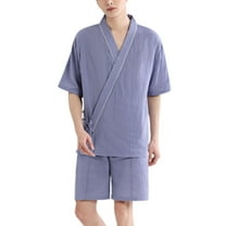 Defitshape Men's 100 Cotton Pajama Set 2 Piece Summer Sleepwear Soft Fall Pj Set V Neck Short Sleeve Shorts Loungewear Vintage Kimono Style Lounge Set Blue Small