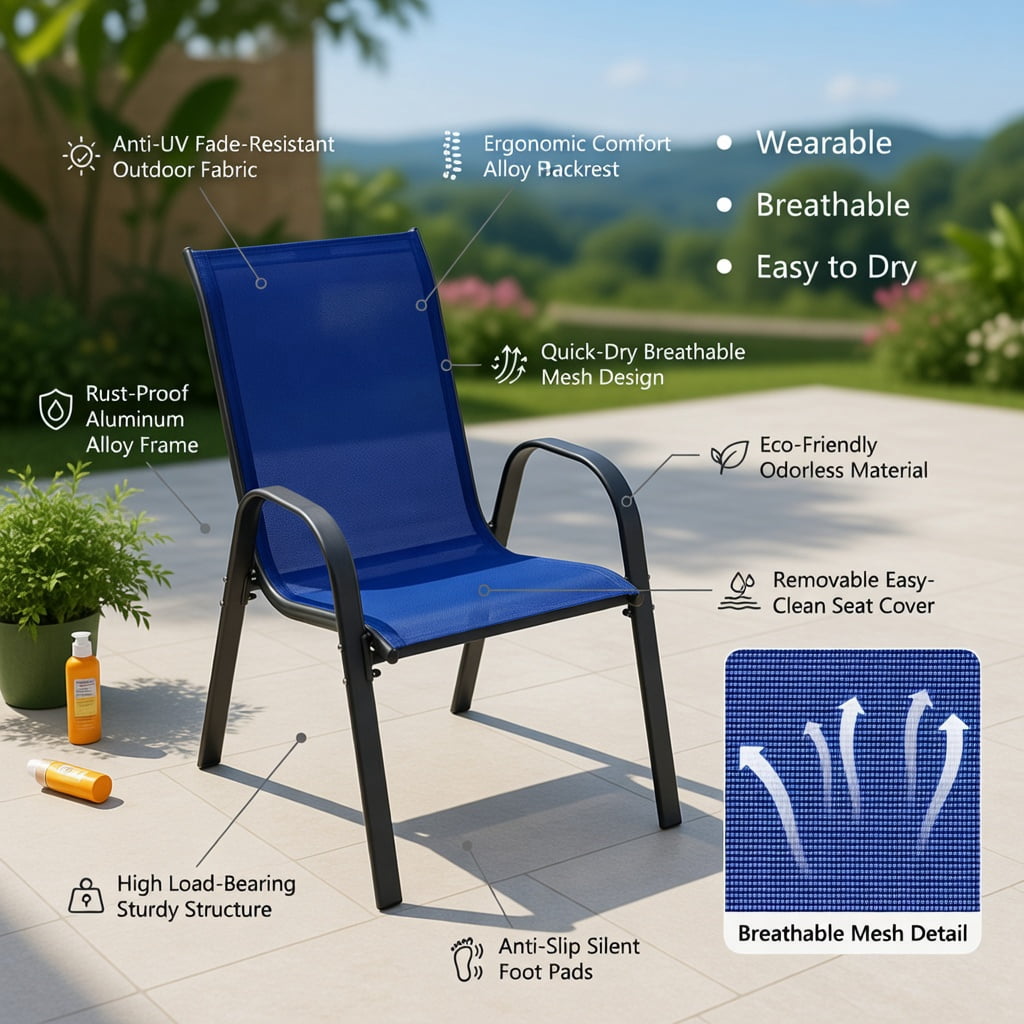 Hommoo 2-Pack Stackable Outdoor Dining Chairs with Armrests, Fabric, Grey Steel Frame, Ergonomic Patio Seating for Backyard, Deck & Balcony, Navy