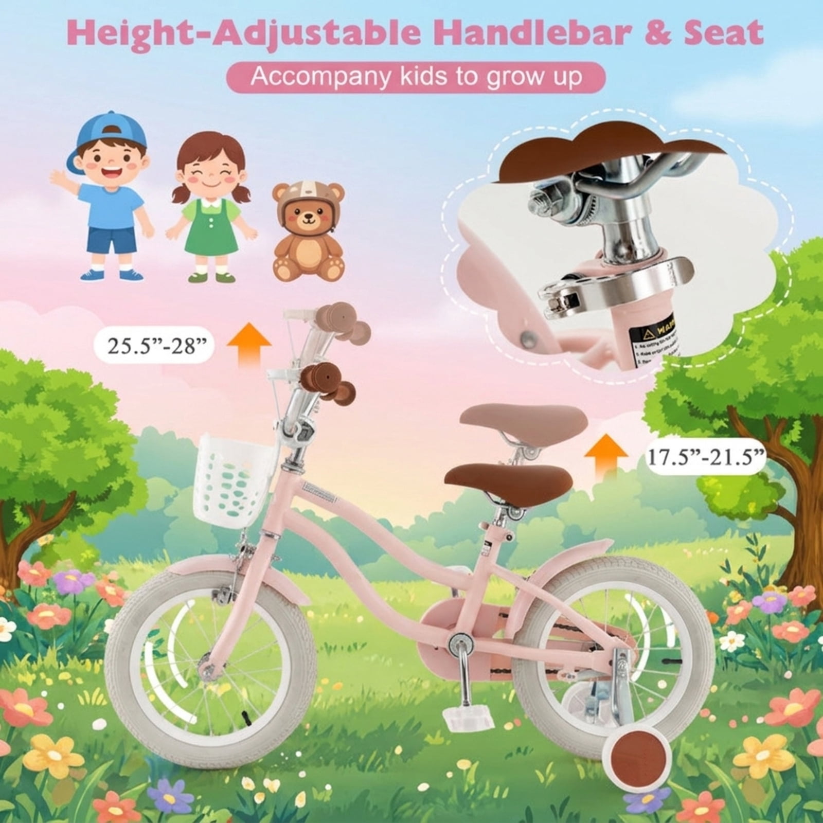Redsmile Kids Bike 12 Inch with Training Wheels for Boys Girls Ages 3-4 Years, Toddler Bicycle with Adjustable Seat and Carbon Steel Frame, 99 lb Capacity Beginner Bike, Pink