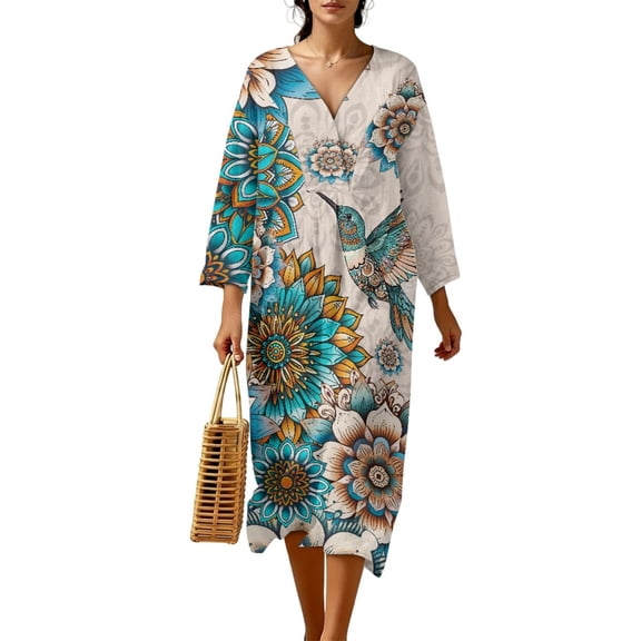 COEQINE Women's Midi Dress 3/4 Sleeve Wrap V-Neck Casual Sundress, Loose Fit Linen-Like Calf Length Tunic Dress for Women, Machine Washable, Size S, Hummingbird Bohemian Flower