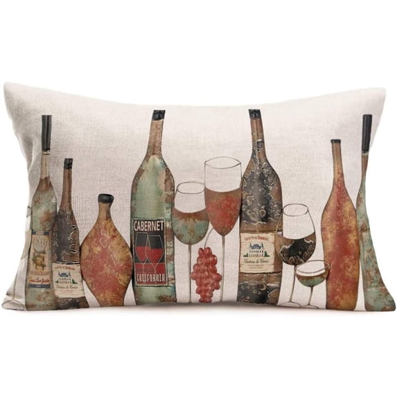 Vintage Red Wine with Wine Glass Rectangle Lumbar Throw Pillow Cover 12x20 Inch/30X50 cm Cushion Cover Wine Bottle Print Decorative Home Pillow Cases Cotton Linen for Couch (Wine, 12"x20")