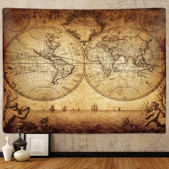 Tapiz de pared con mapa del mundo vintage, 150 x 130 cm, poliéster