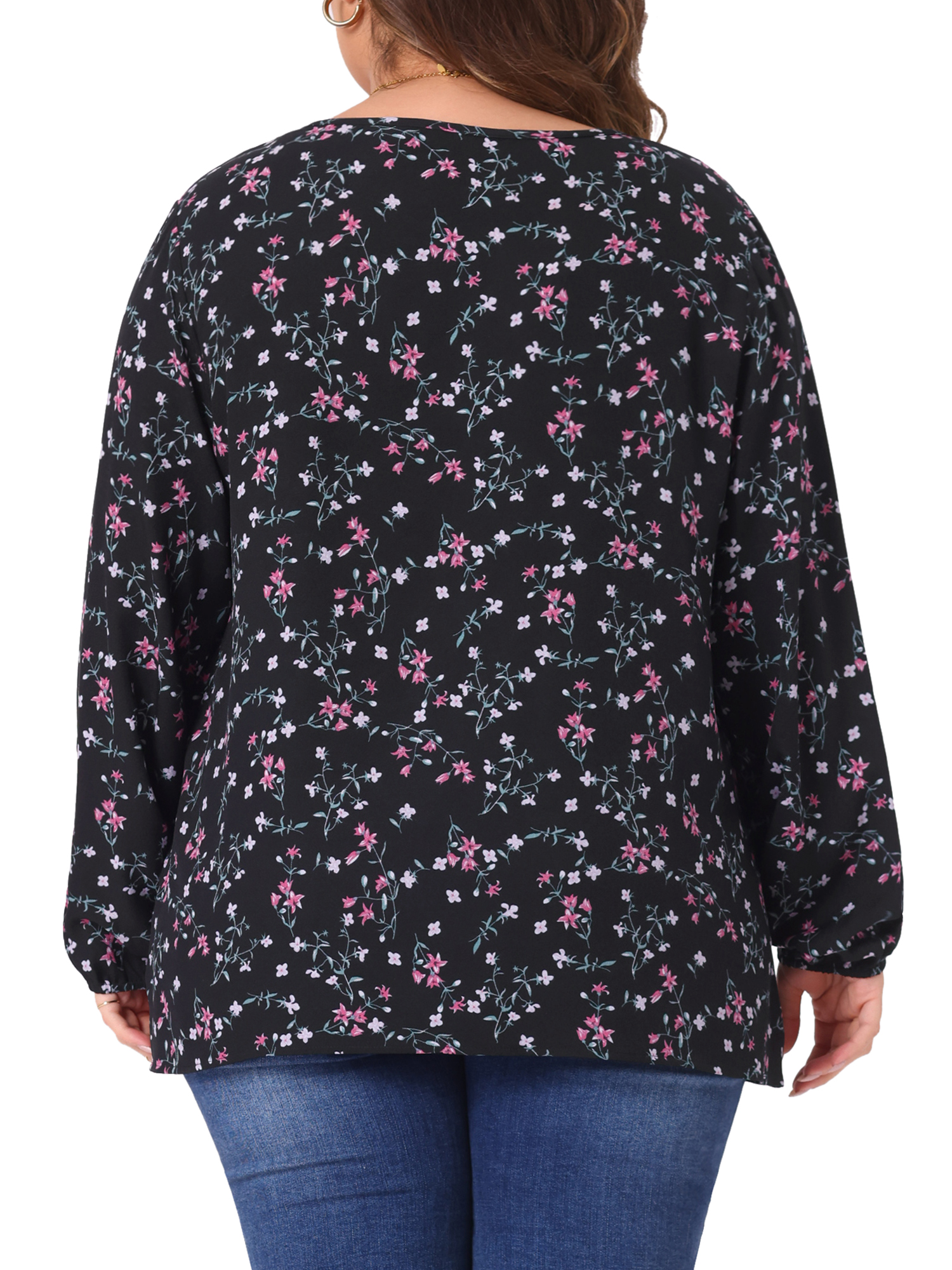 DARING DIVA Women's Plus Chiffon Keyhole Long Sleeve Retro Ditsy Floral Top 1X Black Pink