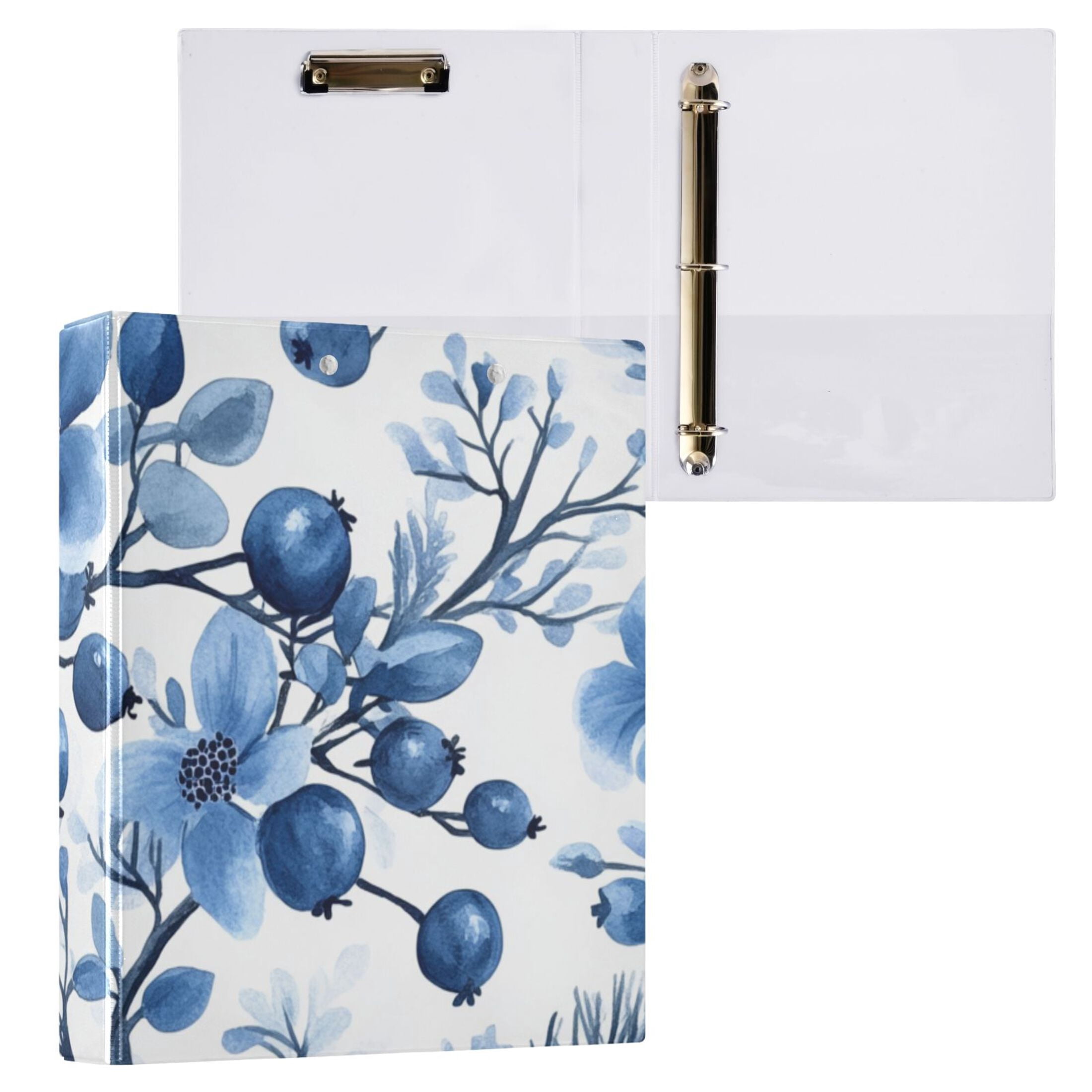 Floral Blueberries Flowers 3 Ring Binders 1.5 inch Hardcover File Folders with Interior Pockets A4 Size Organizer for School Office Hospital