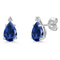 Gem Stone King 14K White Gold Blue Created Sapphire and Lab Grown Diamond Stud Earrings for Women | 2.26 Cttw | Gemstone September Birthstone | Pear Shape 8X5MM