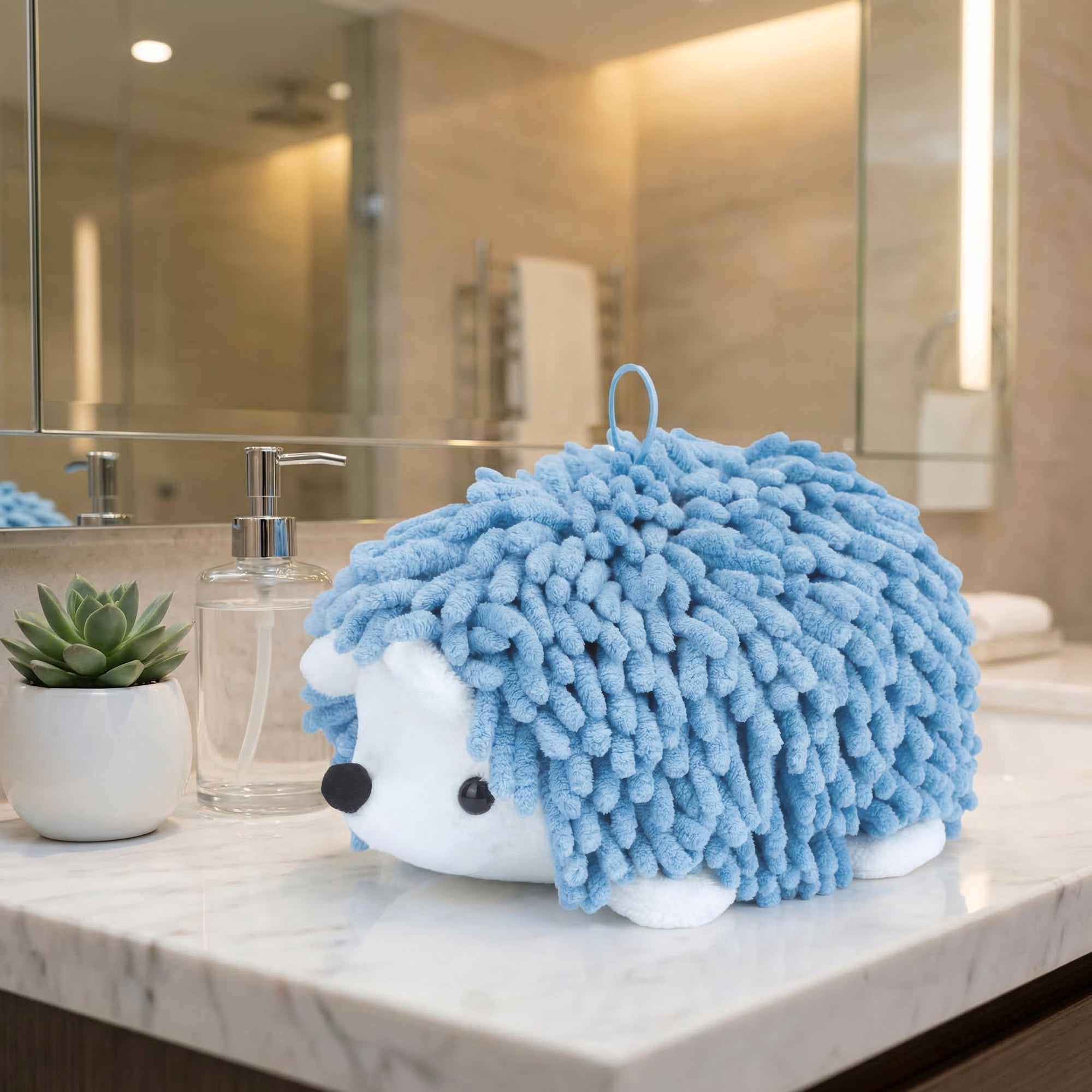 Unique Bargains Cute Animal Chenille Hanging Absorbent Hand Towel Blue/Green 10" x 6"