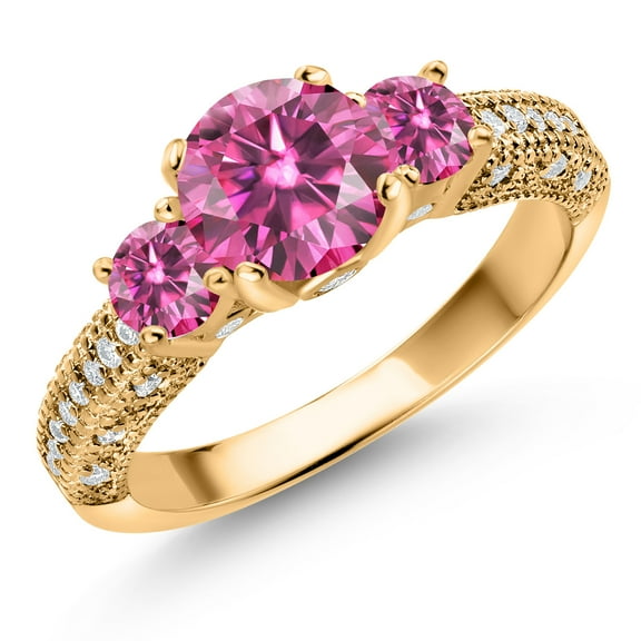 Gem Stone King 18K Yellow Gold Plated Silver Pink and White Moissanite 3 Stone Engagement Ring for Women (1.74 Cttw, Gemstone, Round 7MM and 4MM, Size 9)