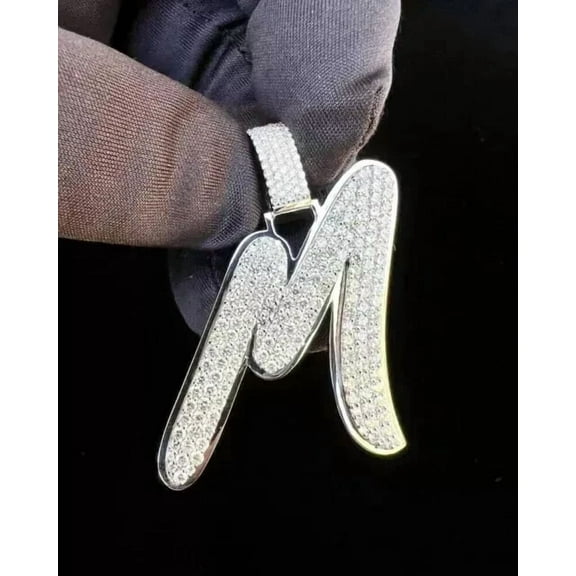 Aishvi Jewels 2.00 Ct Round Cut Real Moissanite Men's Initial Letter ''M'' Pendant 14k White Gold Plated 18'' Free Chain
