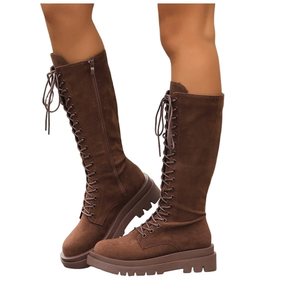 Lace up Knee High Boots Women Platform Lug Sole Suede Long Dress Fall Winter Mid Calf Booties Casual Round Toe Side Zipper Comfy Tall Riding Boots