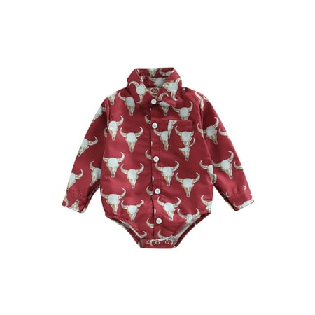 

Gzhioc Infant Baby Boy Shirt Jumpsuit Cartoon Cow Head Print Long Sleeve Lapel Button Closure Romper 0-18 Months