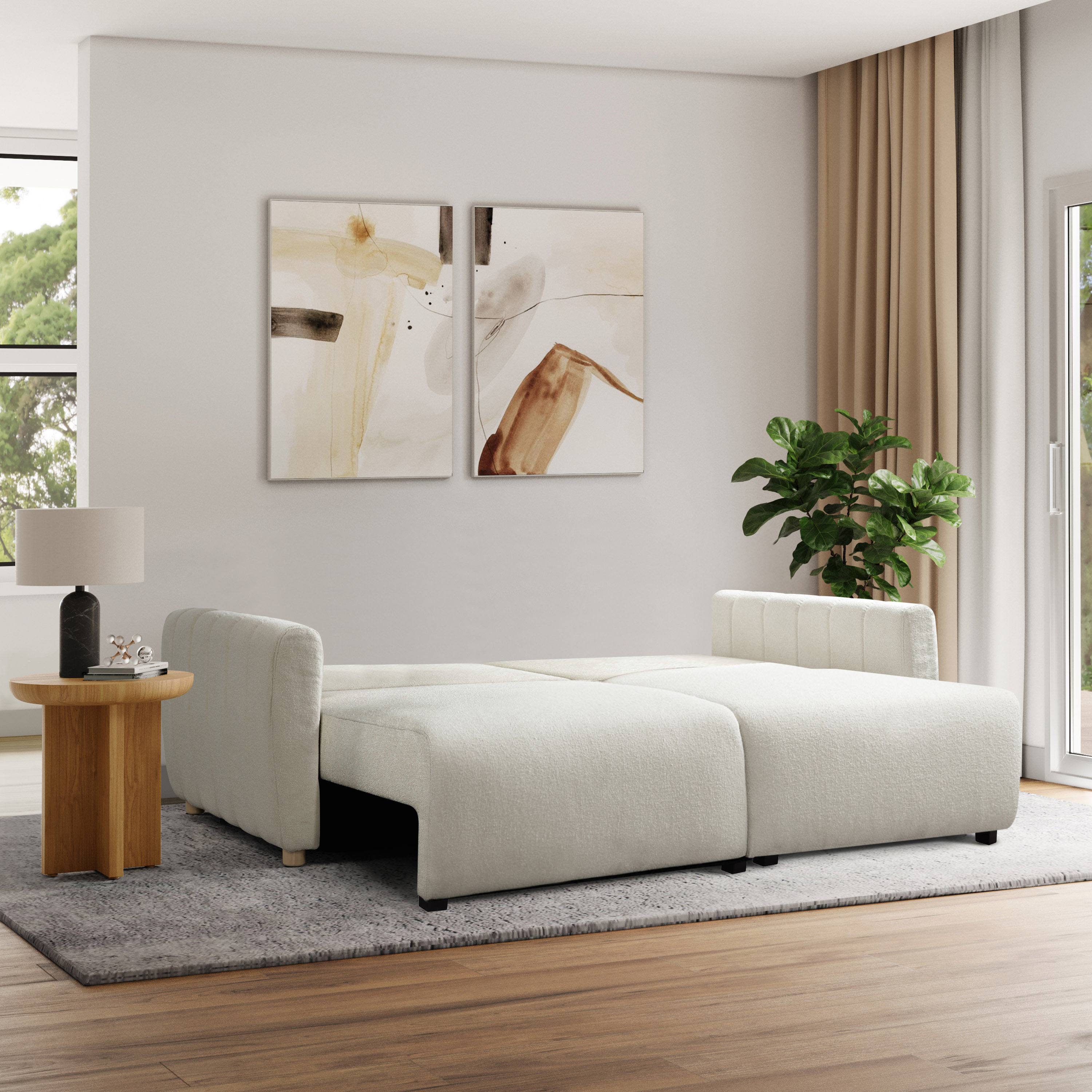 Serta Grant Scandinavian Convertible Sofa with Queen Size Sleeper, Ivory Boucle Fabric