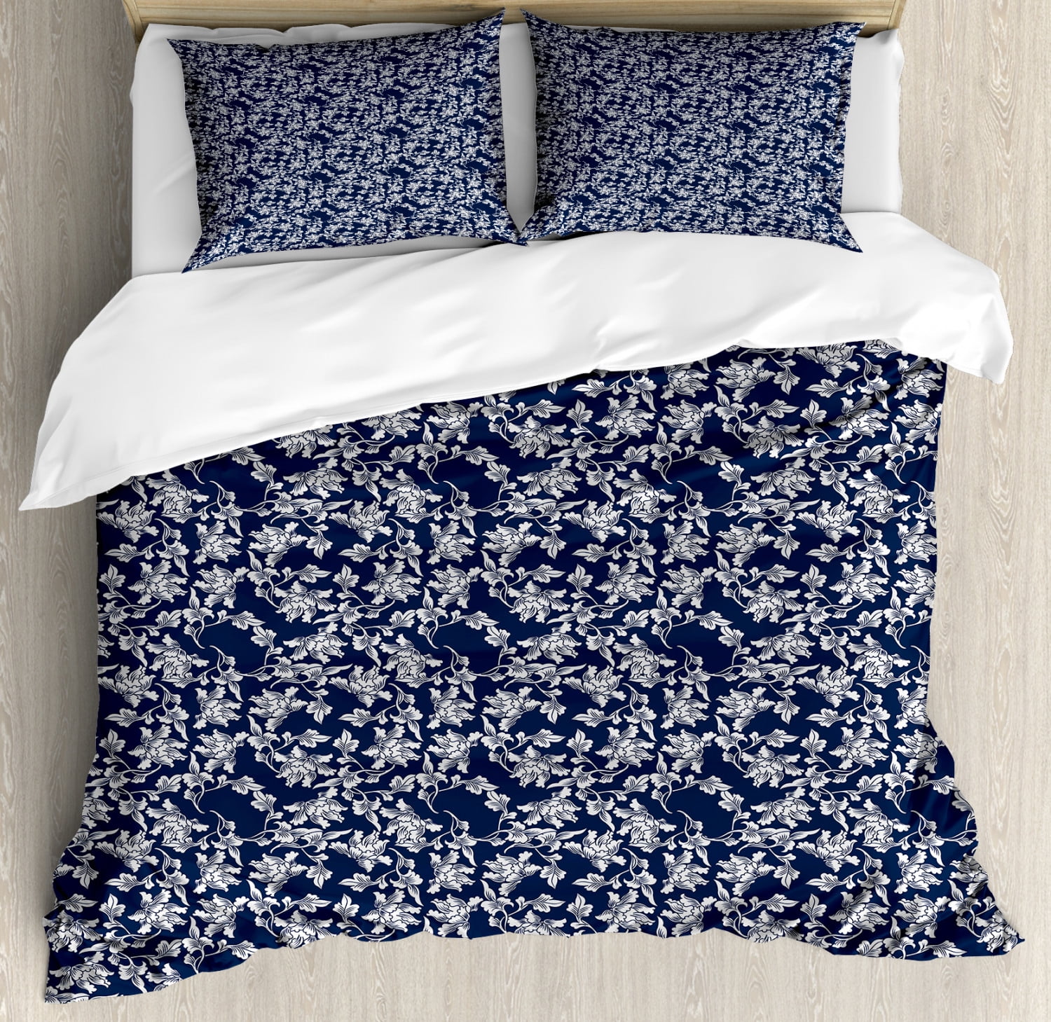 Navy Blue Duvet Cover Set, Floral Arrangement Botanic Foliage Pattern Japanese Composition