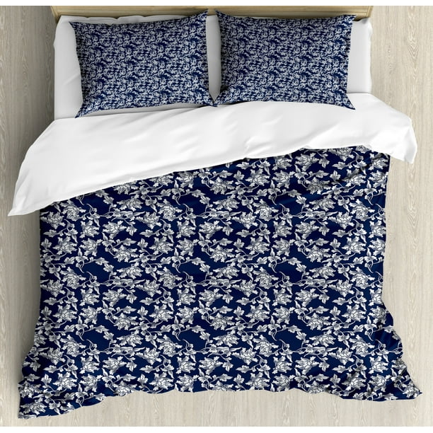 Navy Blue Duvet Cover Set, Floral Arrangement Botanic Foliage Pattern