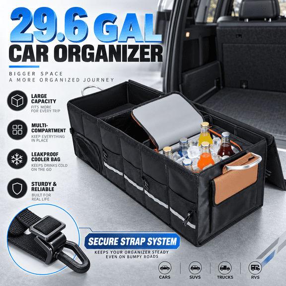 RELOIVE Car Trunk Organizer and Storage - 29.6 Gal Large Collapsible SUV Truck Cargo Storage Box with Removable Leakproof Cooler, Shoe Compartment & Lid, Heavy Duty 1680D Oxford