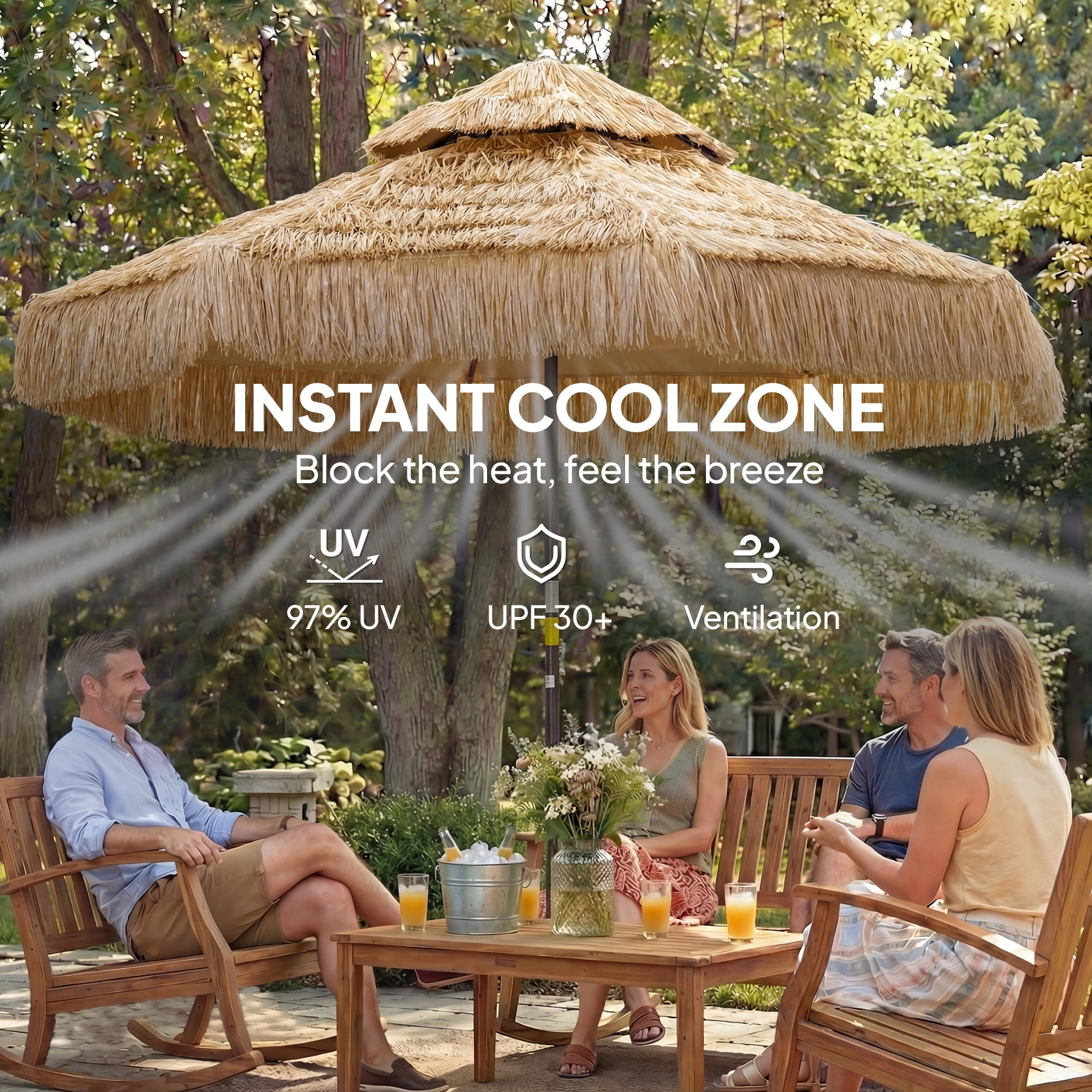 Outsunny 8.5 FT Hula Thatched Tiki Patio Umbrella, 2-Tier Tropical Hawaiian Style Outdoor Umbrella with 8 Ribs, UPF30+, for Garden, Backyard, Khaki