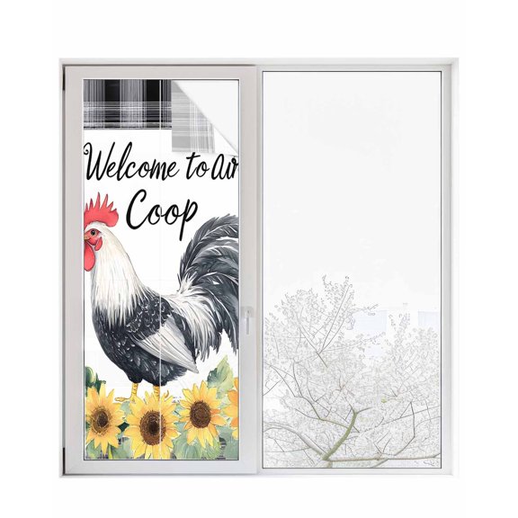 Window Privacy Film Vintage Rooster Stained Glass Window Film Decorative Sun Block Window Cover Pastoral Sunflower Black White Plaid Window Clings Static Adhesive Sticker for Bathroom 23.6"x59"