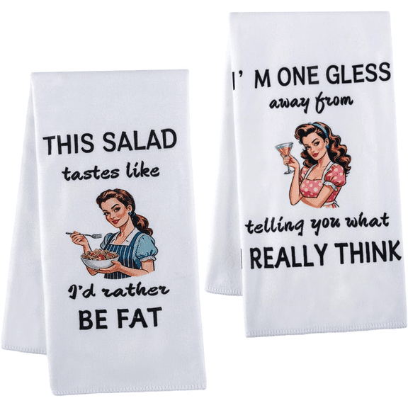 HNYG 2Pcs Funny Kitchen Dish Towels, Absorbent Soft Retro Kitchen Hand Towels, Housewarming Gifts for Hostess Mom Women Friends, 16x24 in