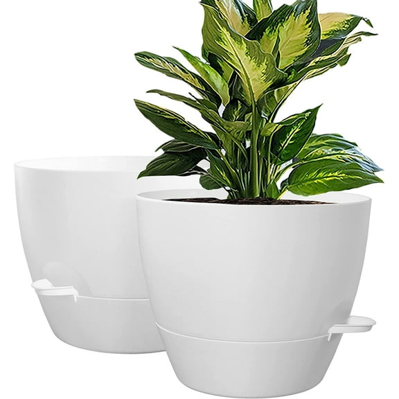 10 inch Self Watering Planters, 2 Pack Large Plastic Plant Pots with Deep Reservior and High Drainage Holes for Indoor Outdoor Plants and Flowers, White