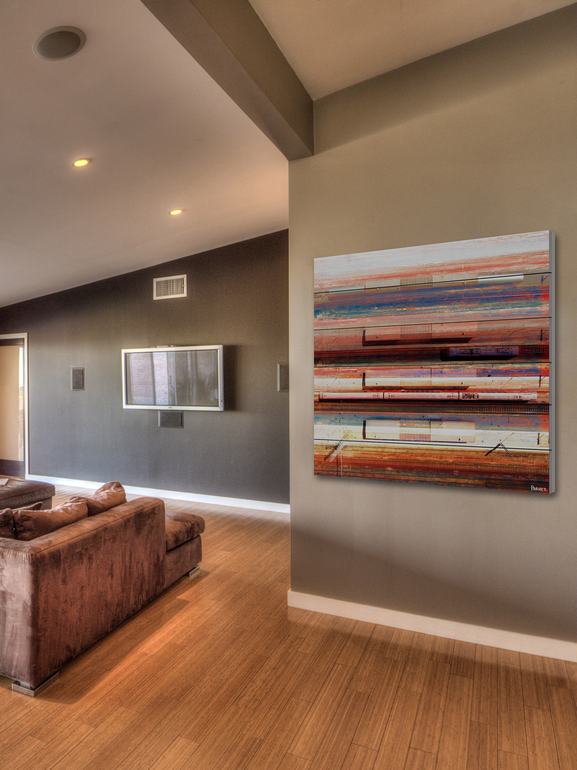"Trains on Tracks" Painting Print on White Wood