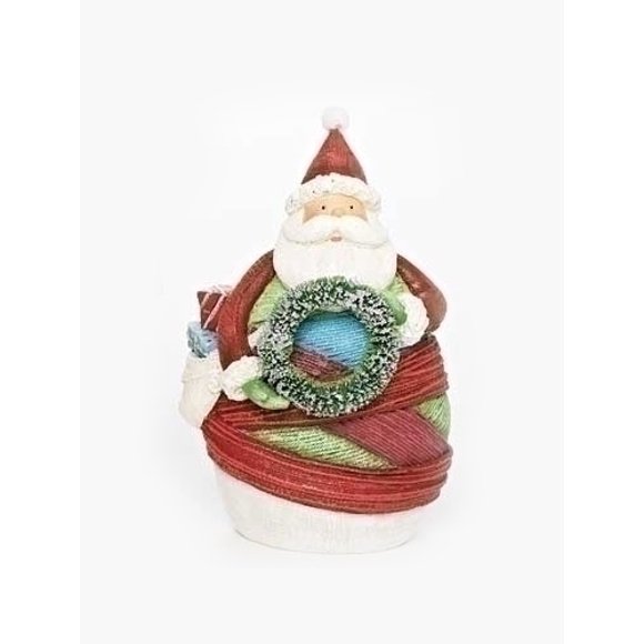 Roman 6.5" Red and White Striped Yarn Wrapped Santa Claus with Wreath Christmas Figurine