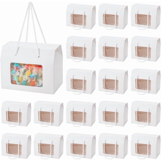 20 bolsas de regalo de papel kraft con base, 15 x 9 x 12 cm, blancas, para cupcakes y galletas, con ventana transparente y asa.