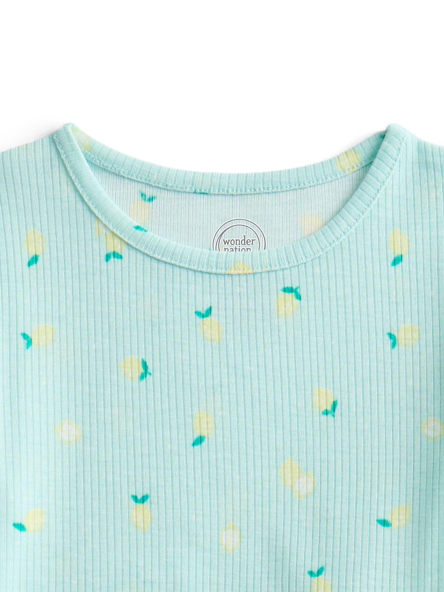 Wonder Nation Toddler Girl's Ribbed Print Tee and Shorts, 2-Piece Pajama Set, Sizes 12M-5T