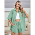 thumbnail image 4 of Women 2 Piece Outfit Summer Short Sleeve Top and Shorts Sweatsuit Set Bean Green S, 4 of 7
