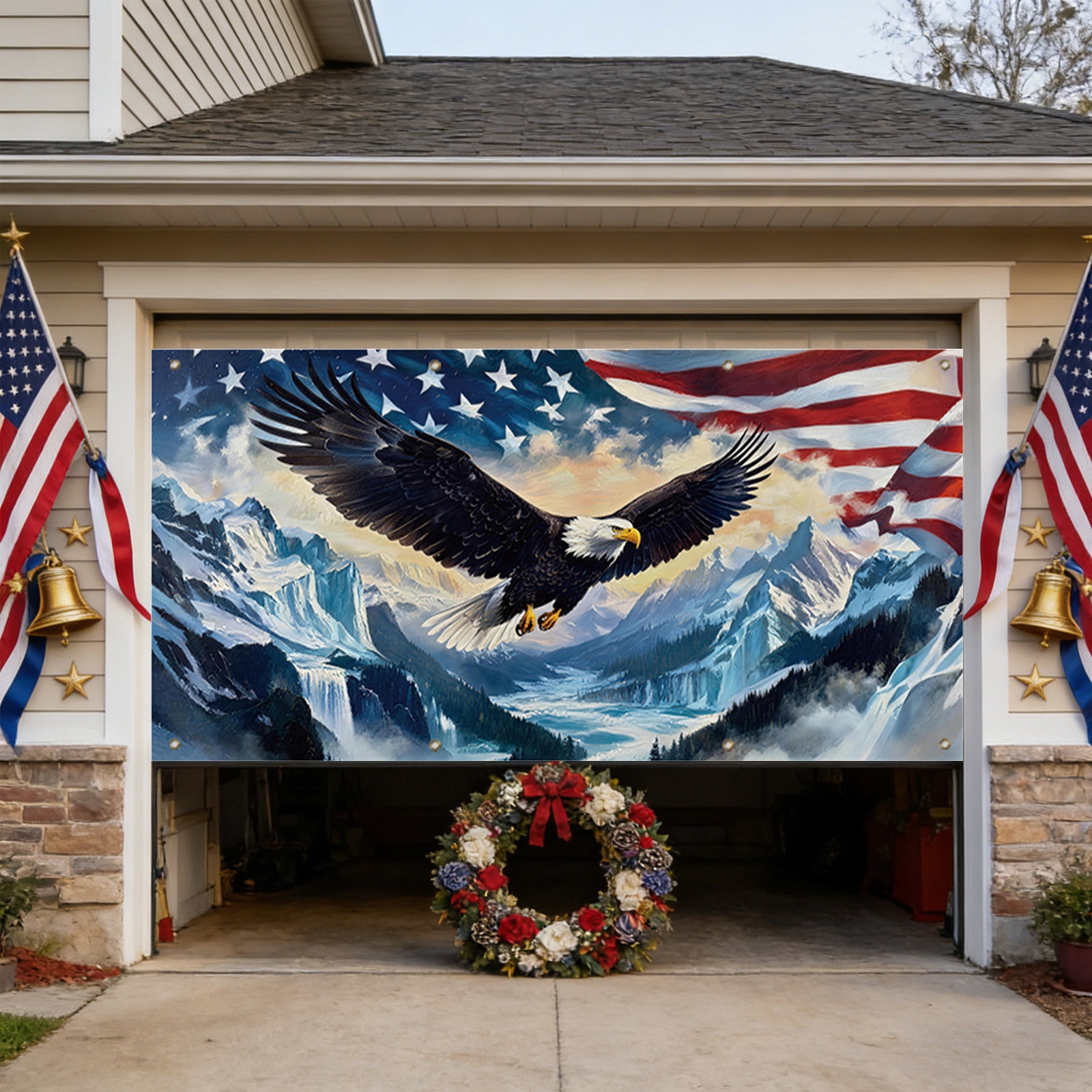 157.4X72.8 In 250Th Usa Anniversary Patriotic Garage Door Cover Bird Flag 4Th Of July Decor