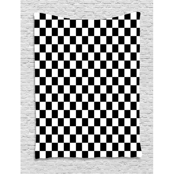 Checkers Game Tapestry, Geometric Grid Style Monochrome Squares in Traditional Game Board Design, Wall Hanging for Bedroom Living Room Dorm Decor, 40W X 60L Inches, Black White, by Ambesonne