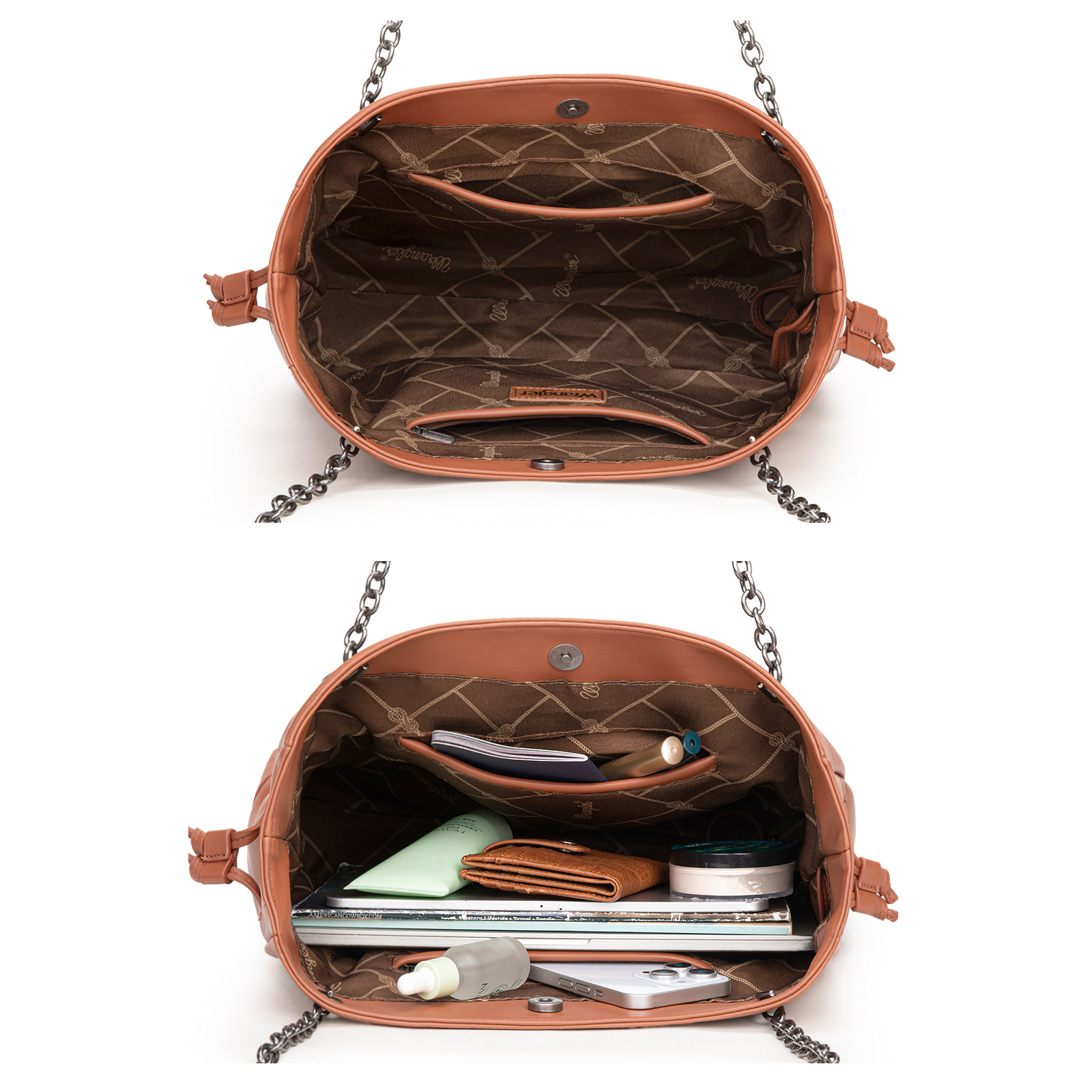 Wrangler Tote Bag for Women 2PCS Purses and Handbags Drawstring Shoulder Bag with Chain Straps, Brown