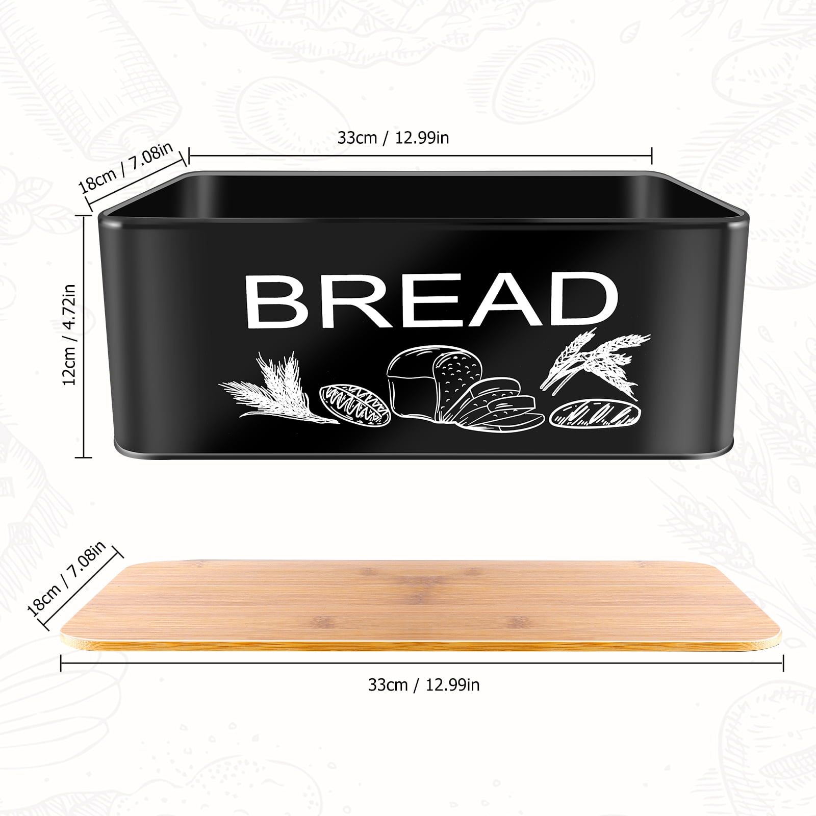JIGUOOR Black Bread Box, Large Space Metal Bread Box with Wooden Cutting Board Lid, Farmhouse Bread Bins Kitchen Bread Storage 12.99" x 7.08" x 4.72"（L Size）