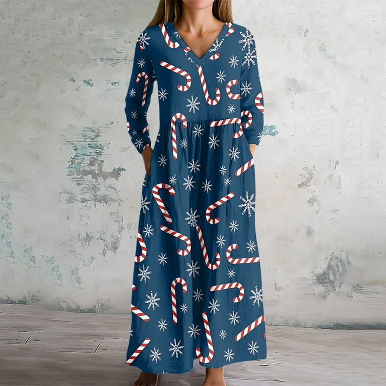 Christmas Dresses for Women Women's Fashion Dress Spring V-neck Long Sleeve  Dress with Christmas Print for Holiday Party,Navy,2XL - Walmart.com