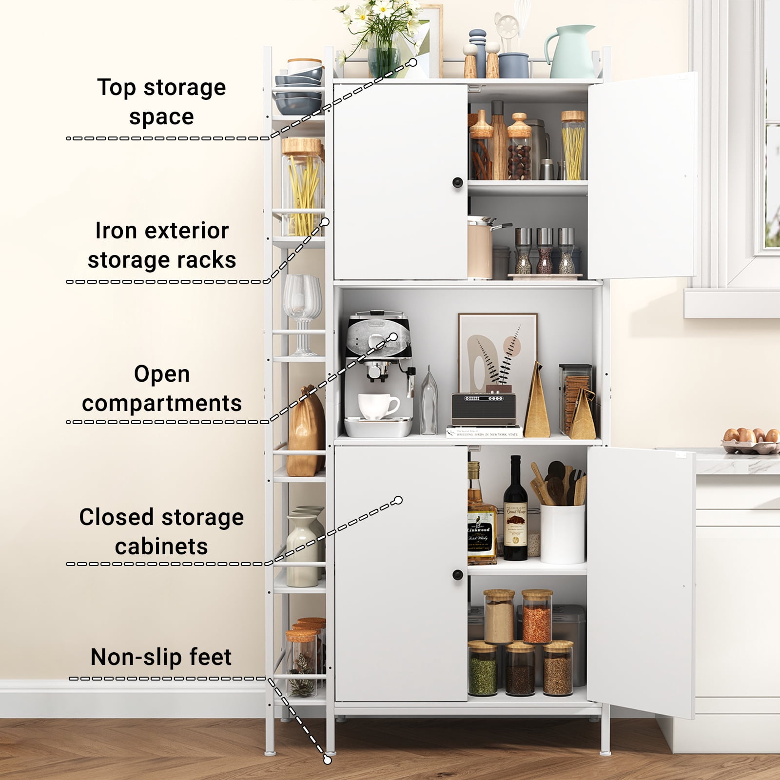 IDEALSOUL Pantry Storage Cabinets, 70.8" Kitchen Pantry Cabinet with Side Shelf, 2 Doors and 3 Shelves, White