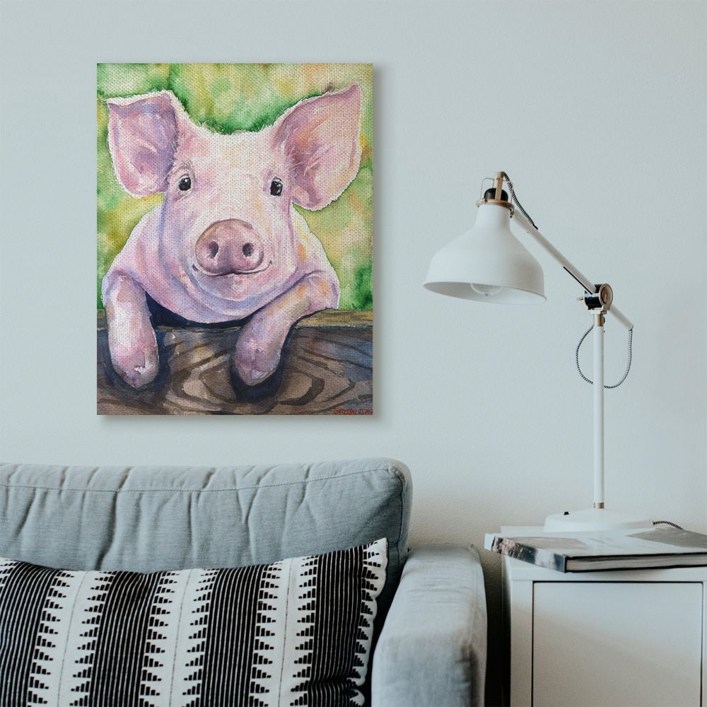 Stupell Industries Pink Pig Animal Green Watercolor Painting Canvas Wall Art by George Dyachenko