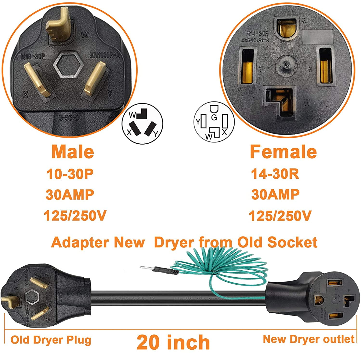 Dryer Adapter Cord, 4 Prong to 3 Prong Dryer Adapter Cord Convert 4 Prong Dryer Plug to 3 Prong Wall Outlet, Nema 10-30P Male to 14-30R Female with Safety Ground Wire, 1.5FT STW 10AWG 30Amp 110V/250V