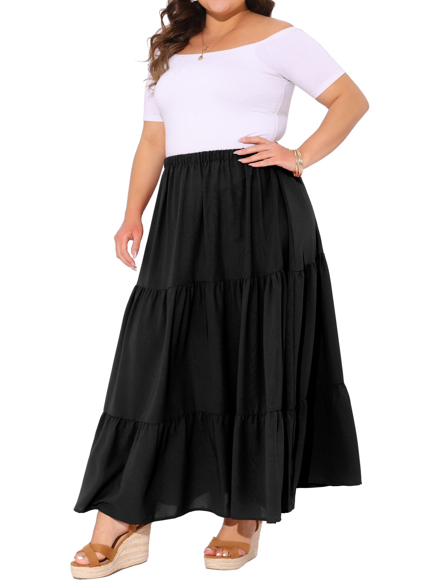 DARING DIVA Women's Plus Swing Maxi Elastic High Waist Boho Flowy Skirts 4X Black