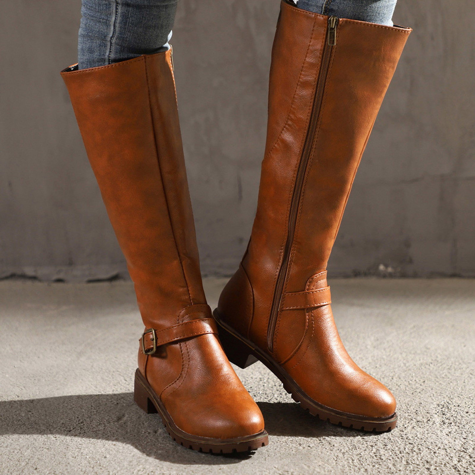 Bottes Femme Mi-mollet Talon Bloc - Cuir PU Souple - Semelle Antidérapante - Style Motard/Randonnée - Taille Standard