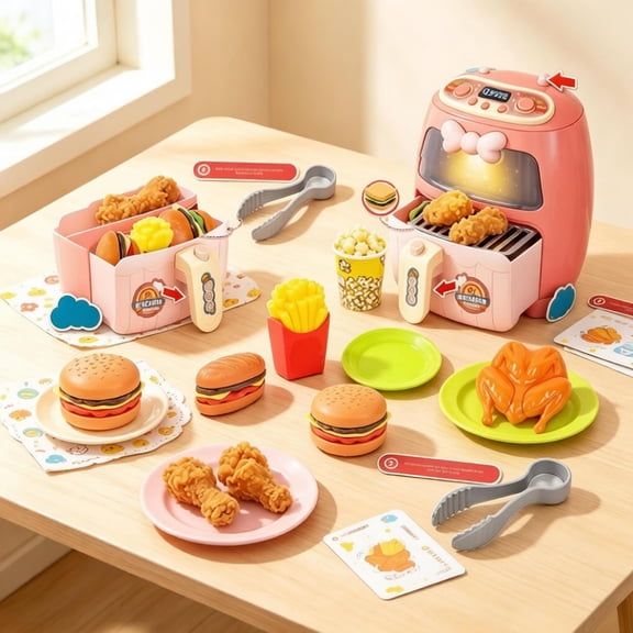 Kids Air Fryer Pretend Play Kitchen Set with Light & Storage Drawer, Play Food Burger Sandwich Fries Popcorn Chicken Plate Tongs, Educational Gift for Toddlers Boys Girls Age 3