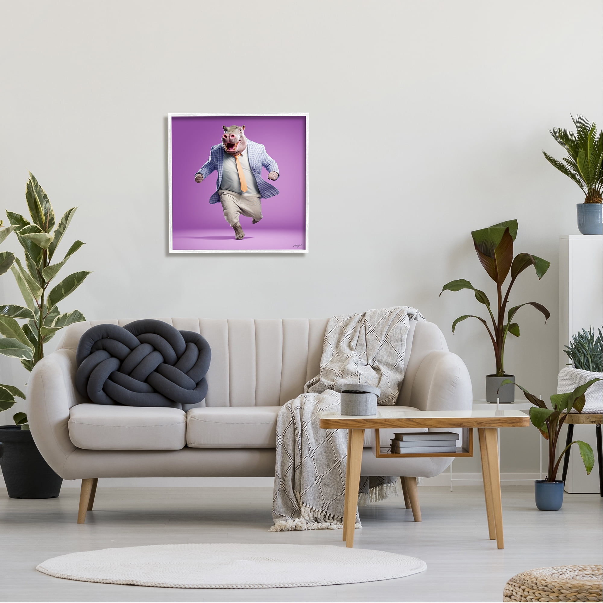 Stupell Industries Dancing Hippo on Purple Animals & Insects Painting White Framed Art Print Wall Art, 24 x 24