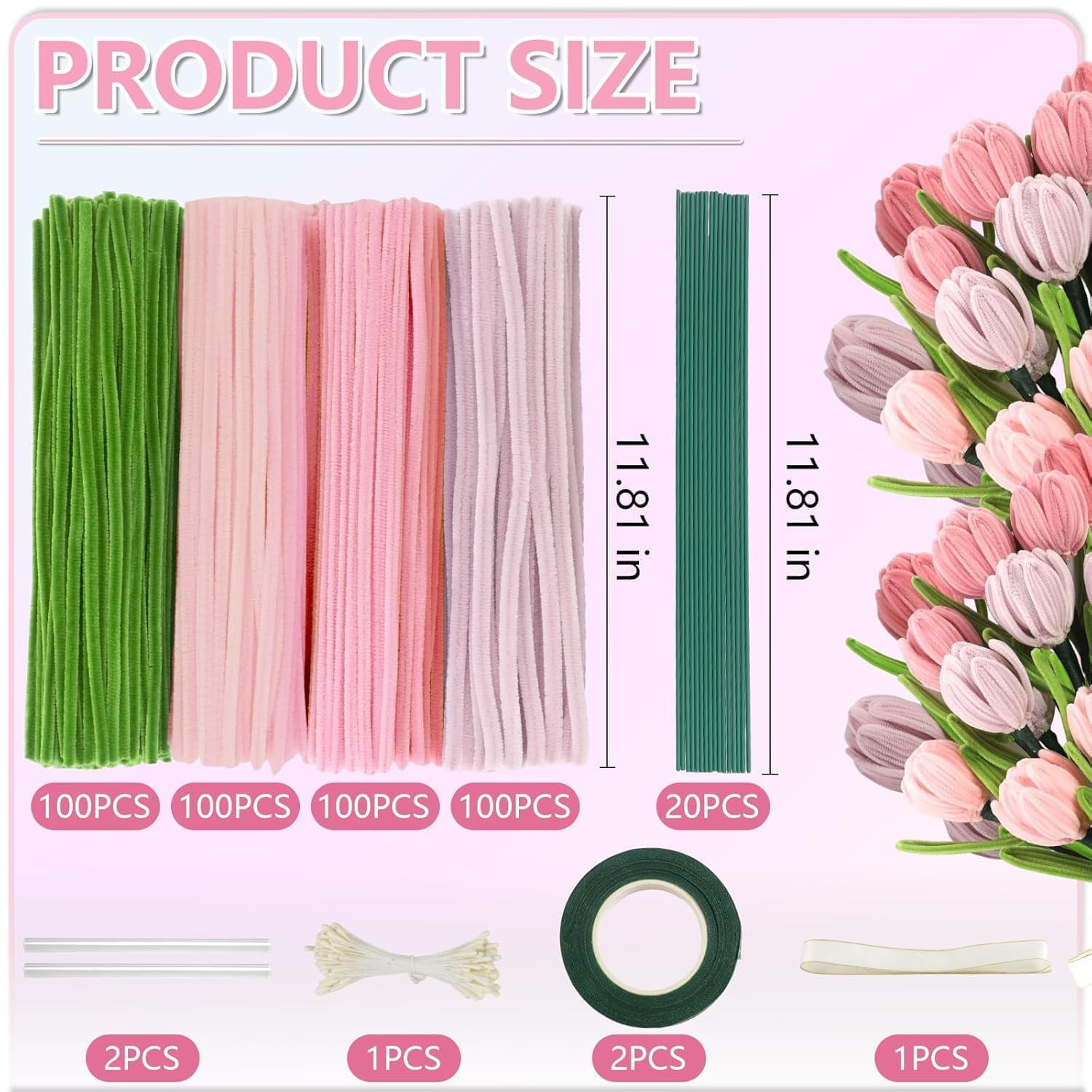400 Pcs Pipe Cleaners Craft Set, 4 Colors Chenille Stems Bulk, DIY Flower Making Kit with Floral Wires, Floral Tape, Stamen & Ribbon for Arts, Crafts & Floral Arrangements
