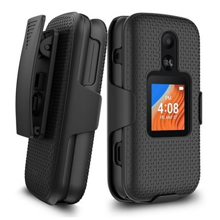 TJS for TCL Flip 2 / Go Flip 2 T408DL Phone Case, Belt Clip Holster Shell Heavy Duty Shockproof Rugged Phone Cover (Black)
