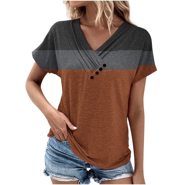 Tops de Algodón para Mujeres Cuello en V Moda Casual Manga Corta Primavera Verano Top para el Hogar Y Diario