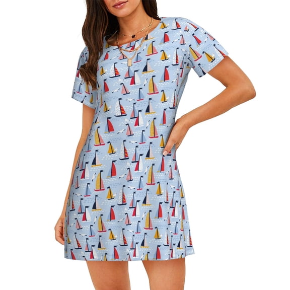 Cotton Nightgowns for Women - Sailboats And Seagulls Sleep Shirts for Women's Nightgowns & Sleepshirts, Soft Cotton Pajama Dress Shirts for Women, House Dress Sleepwear for Women