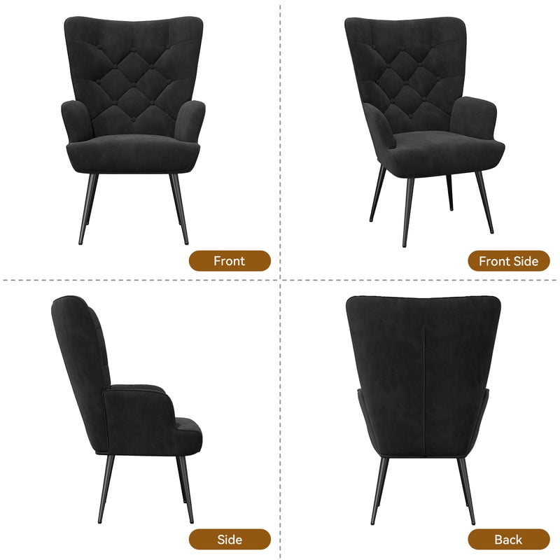 Hawsaiy High Back Velvet Accent Chair Set of 2 with Metal Legs, Modern Mid Century Armchair, Wingback Reading Chair for Bedroom Living Room,Black