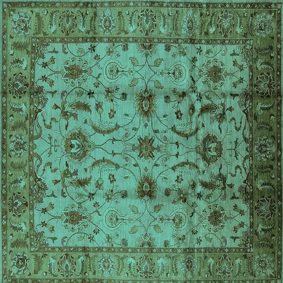 Ahgly Company Machine Washable Indoor Square Oriental Turquoise Blue Traditional Area Rugs, 7' Square