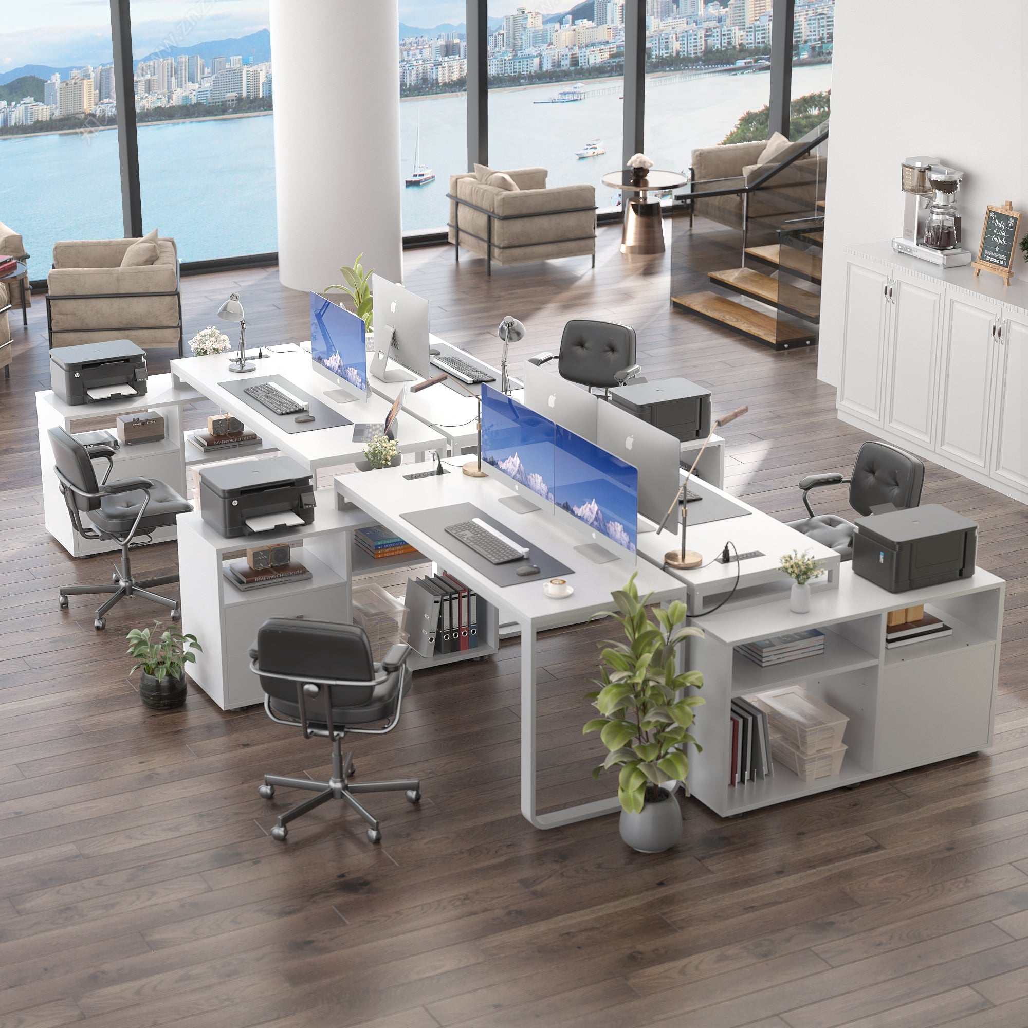 Homieasy Reversible L Shaped Desk with File Cabinet & Power Outlet, 55'' Computer Gaming Desk with LED Lights and Drawers, L Shaped Corner Desk with Storage Shelves for Work & Study, White