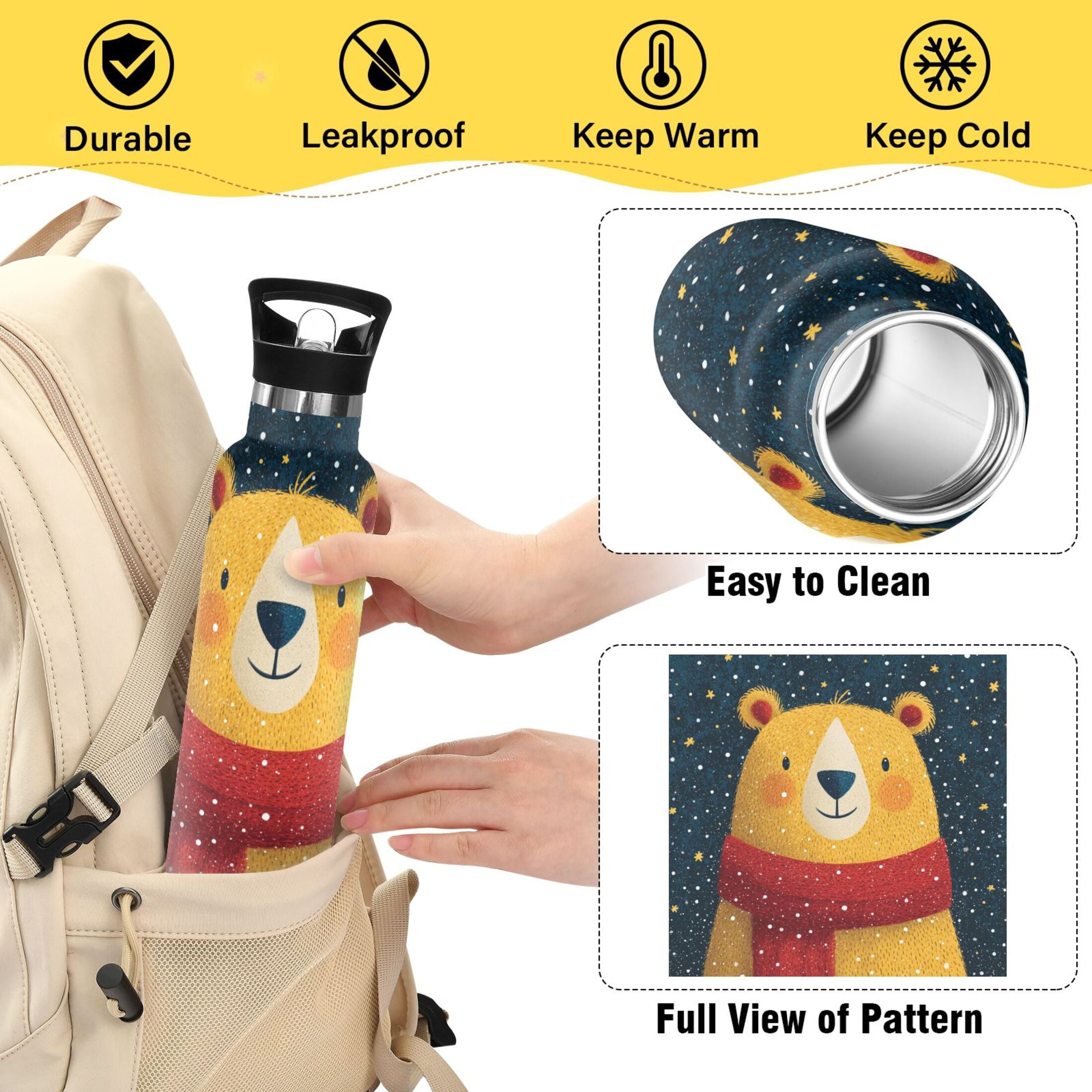 600ML Stainless Steel Insulated Cup Sports Water Bottle Portable Thermos Cup Water Glasses Insulated Tumblers Convenient and Durable Christmas Yellow Bear